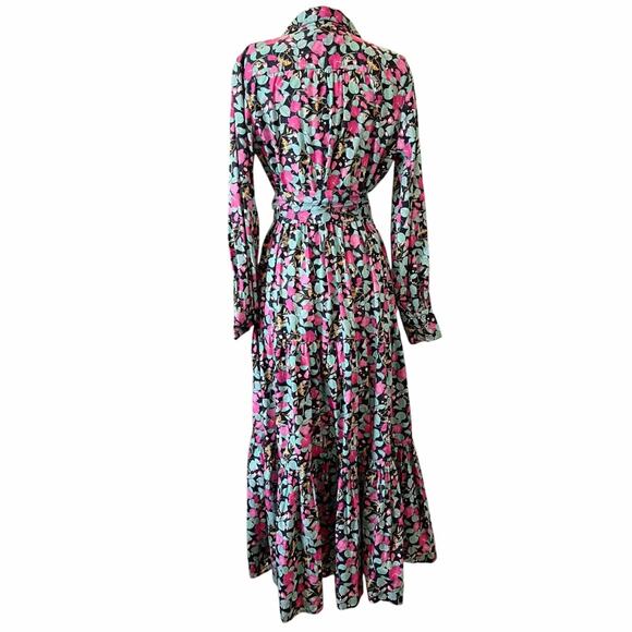 ROLLER RABBIT Shirt Maxi Dress Floral Blue Long Sleeve Cotton Button Down Medium - Picture 8 of 10